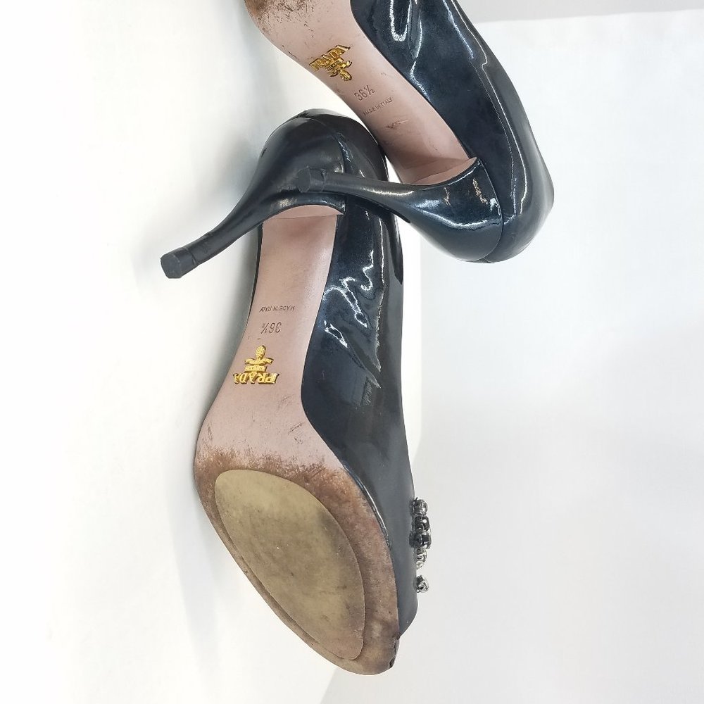 Prada Black Patent Leather Jeweled Peep-Toe Heels - Picture 7 of 9
